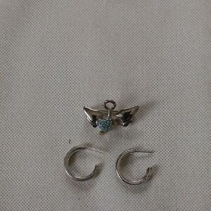 Silver Angel Pendant with Blue Heart Charm & Silver Earrings